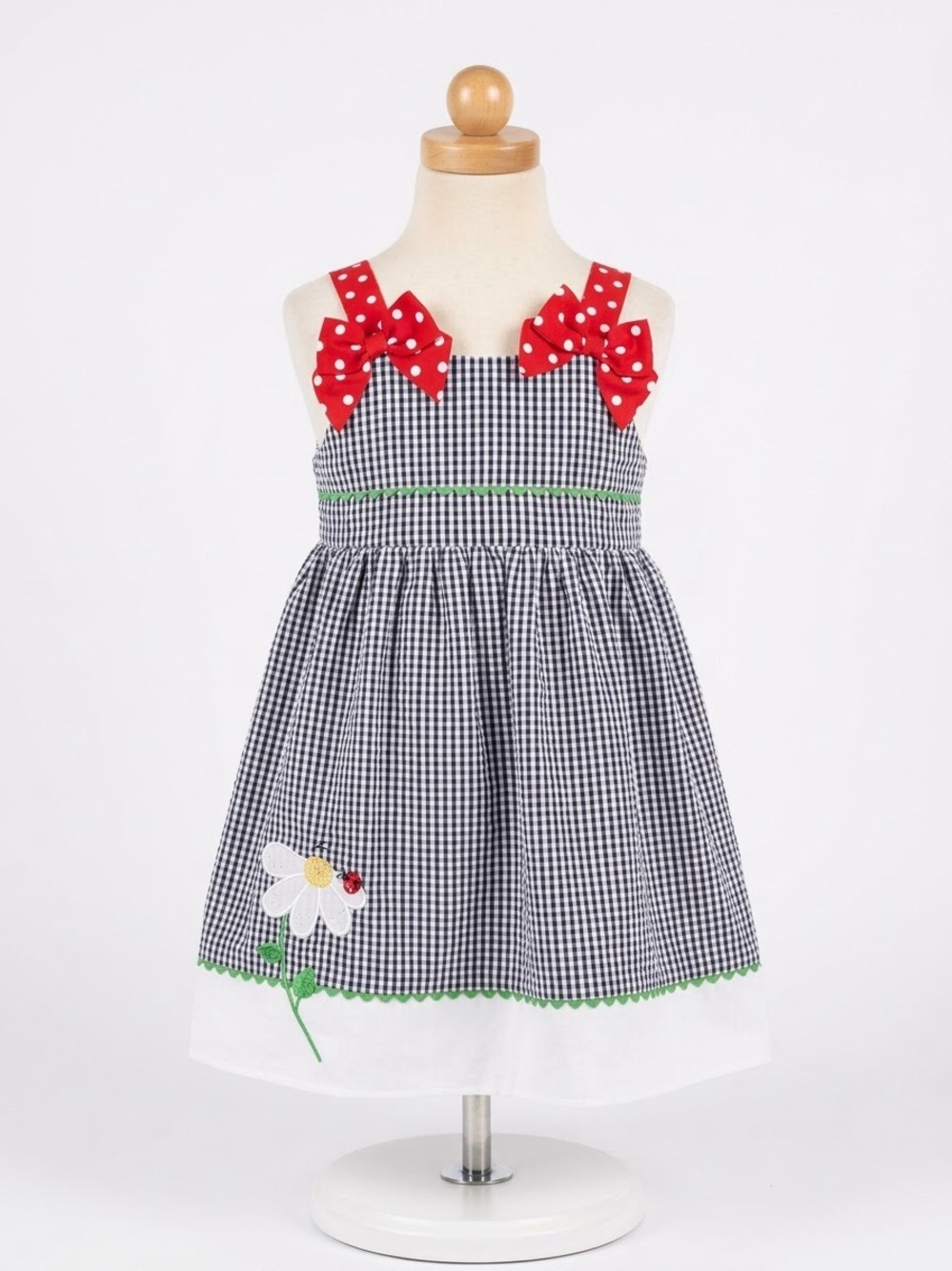 Bonnie Jean Black-and-White Gingham Dress with Red Polka Dot Bows